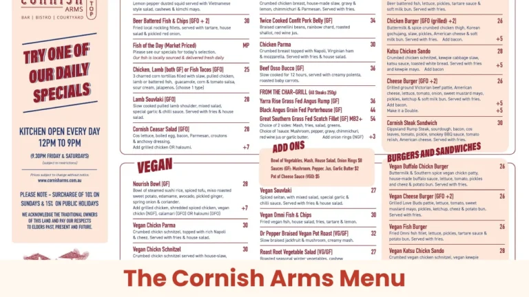 The Cornish Arms Menu