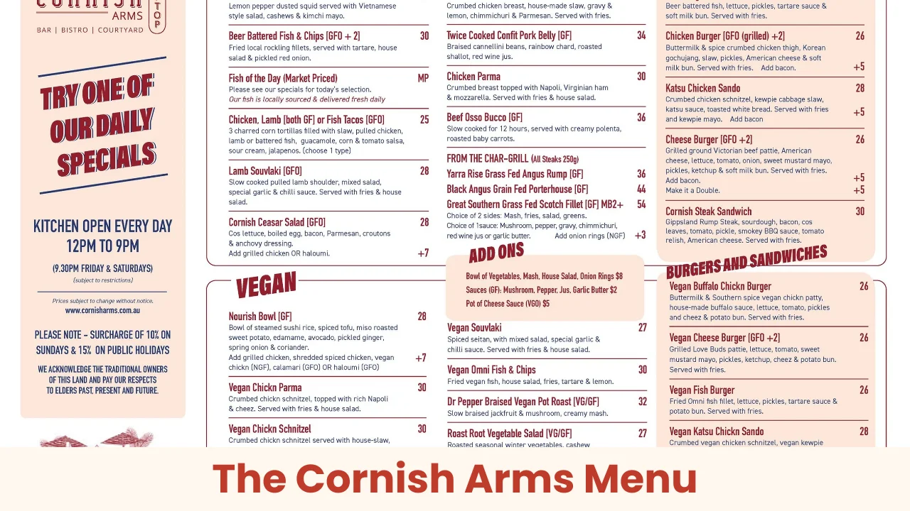 The Cornish Arms Menu