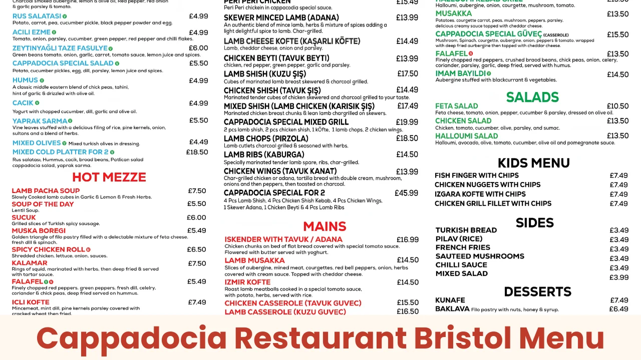 Cappadocia Restaurant Bristol Menu