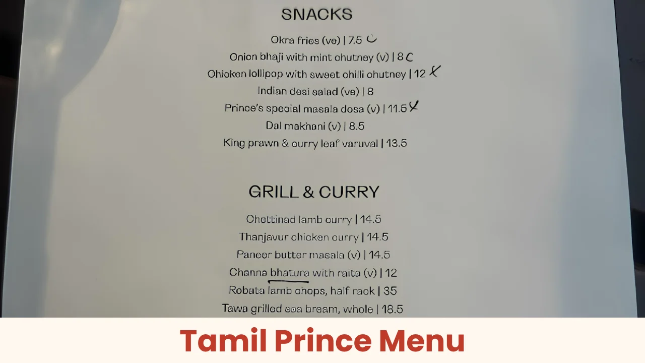 Tamil Prince Menu