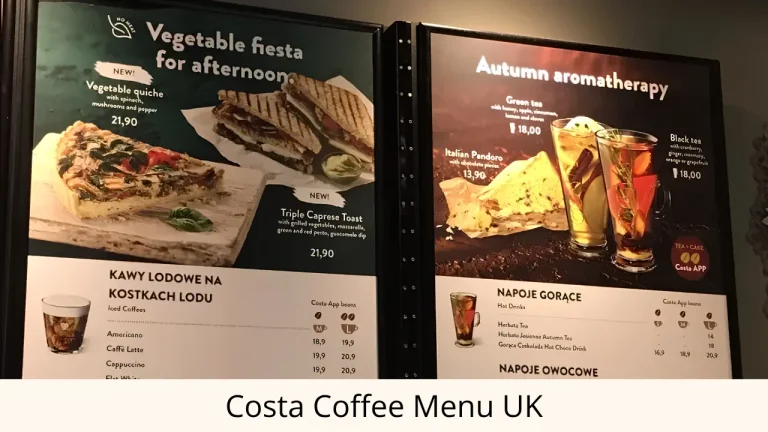 Costa Coffee Menu UK